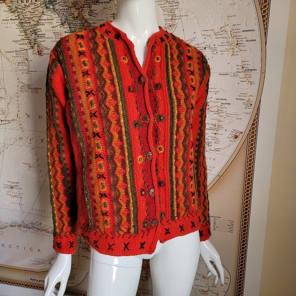 Newari hand knit red wool cardigan sweater Icelandic Design cozy artsy NWT S/M